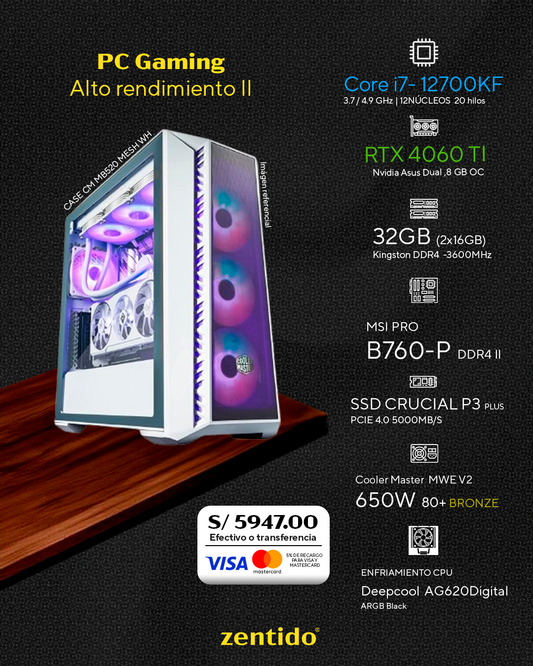 PC Gaming Alto rendimiento II | Core i7 12700KF + RTX 4060 Ti 8GB