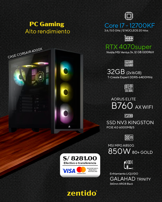 PC Gaming Alto rendimiento| Core i7 12700KF + RTX 4070 super 12GB